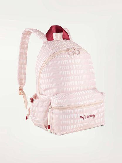 Product Front Shot of lemlem x Puma Backpack Featuring lemlem triangle pattern in rose quartz and white colors and puma x lemlem logo in red color