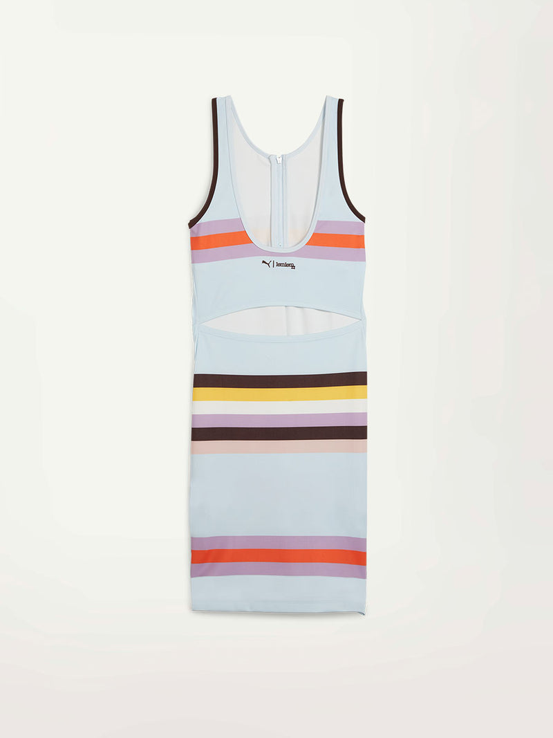 Product Back Shot of puma x lemlem Dress Featuring Color Block Pattern in Icy blue, orange, violet, dark chocolate, yellow, white and rose colors