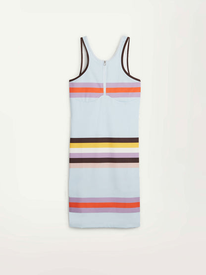 Product Front Shot of puma x lemlem Dress Featuring Color Block Pattern in Icy blue, orange, violet, dark chocolate, yellow, white and rose colors