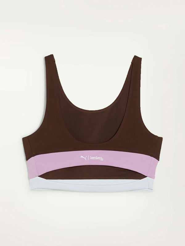 Product Back Shot of Puma x lemlem Crop Tank Featuring Dark Chocolate Color and Color Block Details on the Under Band in Violet and White colors