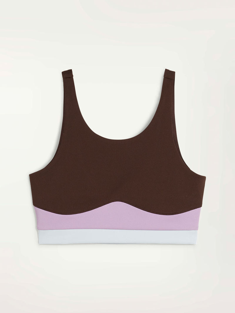 Product Front Shot of Puma x lemlem Crop Tank Featuring Dark Chocolate Color and Color Block Details on the Under Band in Violet and White colors
