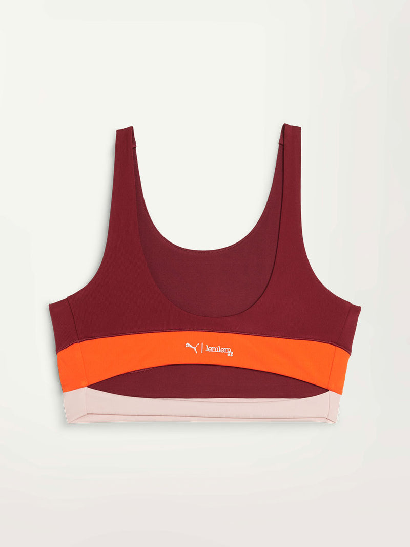 Product Back Shot of Puma x lemlem Crop Tank Featuring Team Regal Red Color and Color Block Details on the Under Band in Orange and White colors