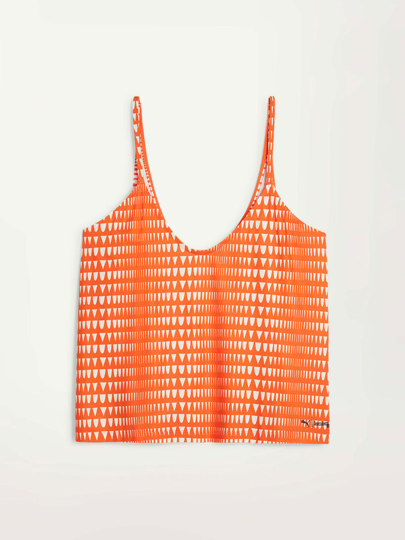 Product Shot of Puma x lemlem Flow Tank in Cayenne Pepper Color Featuring lemlem triangle pattern in white color 