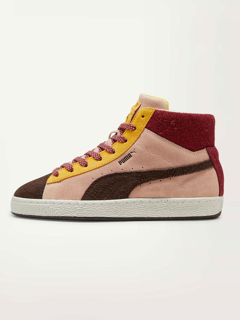 Product Side Shot of Puma x lemlem Suede Sneakers Featuring Color Accents in Dark Chocolate and Red Colors