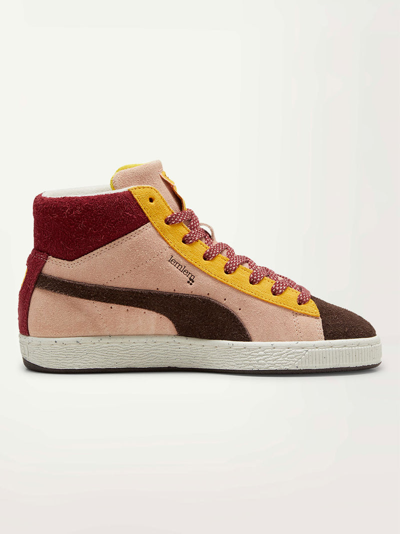 Product Side Shot of Puma x lemlem Suede Sneakers Featuring Color Accents in Dark Chocolate and Red Colors
