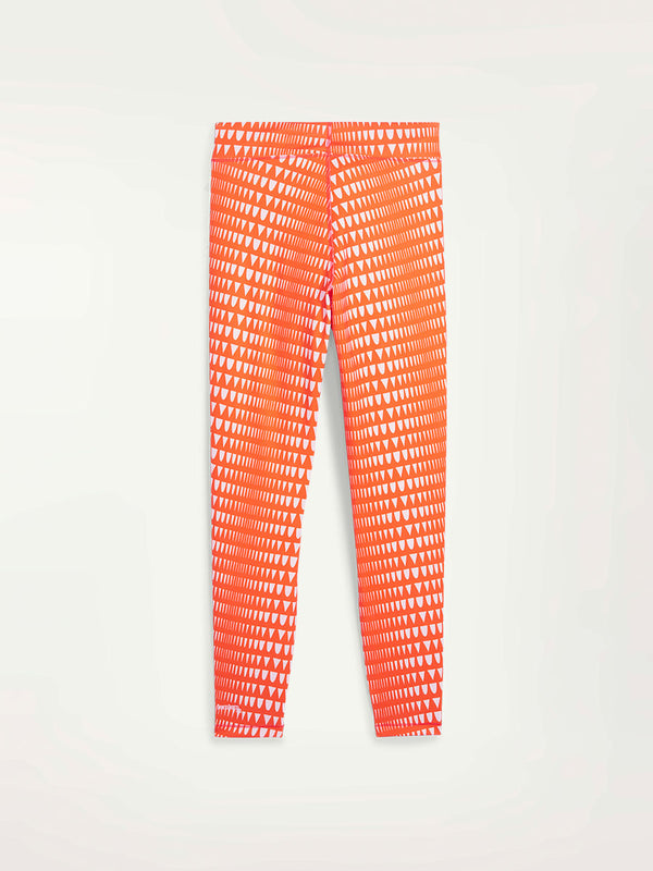 Product Back Shot of Puma x lemlem Leggings in Team Regal Red Color featuring lemlem triangle pattern in white color