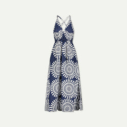 Navy blue dress with white floral pattern on a white background