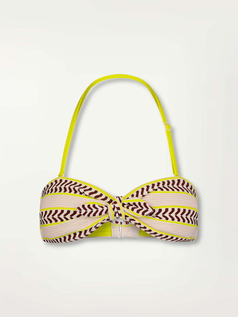 Product Front Shot of a AVA Bandeau Top featuring delicate pink stripes with a bold chevron patterned ribbon, along with muted hues of pink, burgundy, and a bright citrus hue.