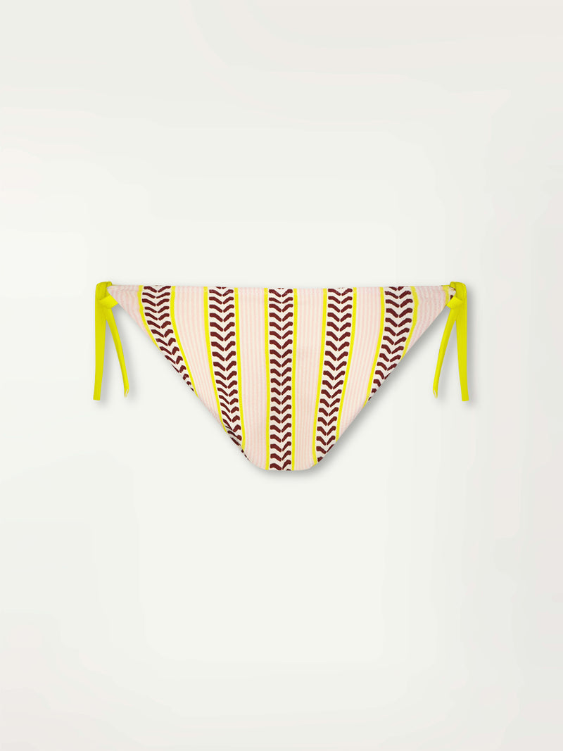Product Back Shot of a Rekka String Bottom featuring delicate pink stripes with a bold chevron patterned ribbon, along with muted hues of pink, burgundy, and a bright citrus hue.