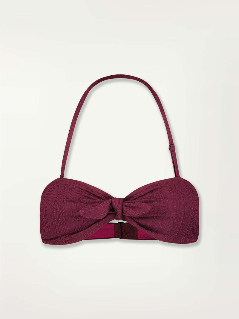 Product Front Shot of an Ava Bandeau Top Featuring featuring a downsampled Jordanos Pattern in a luxurious burgundy hue