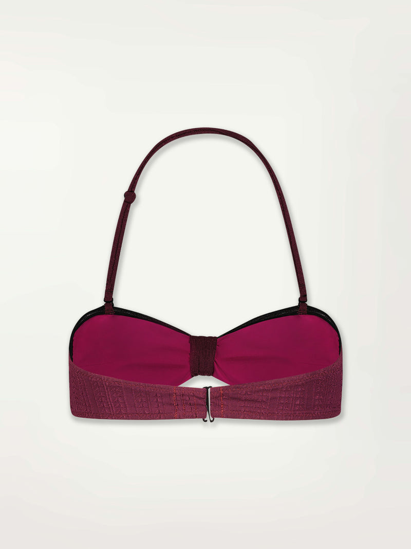 Product Back Shot of an Ava Bandeau Top Featuring featuring a downsampled Jordanos Pattern in a luxurious burgundy hue