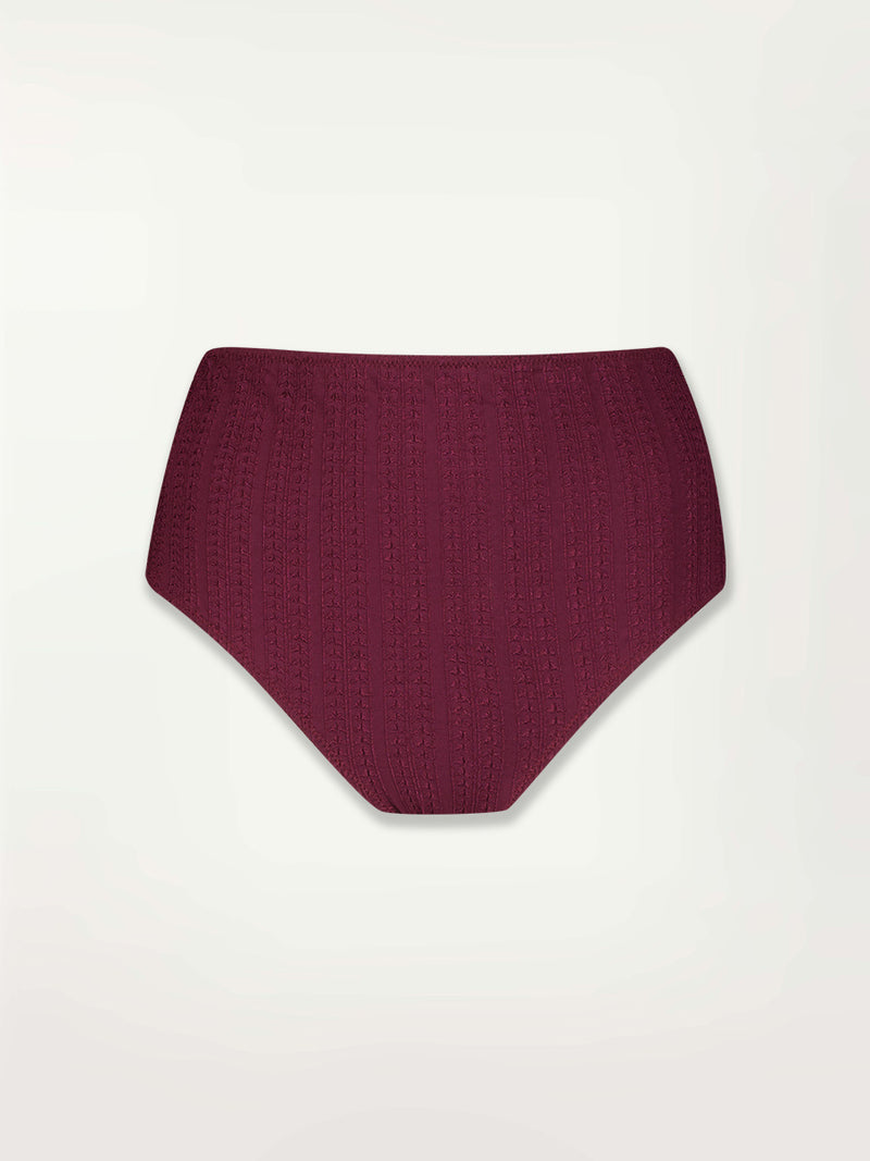 Product Front Shot of Elsi High Waist Bottom Featuring featuring a downsampled Jordanos Pattern in a luxurious burgundy hue.