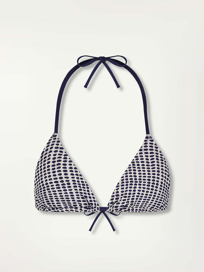 Product Front Shot of the Malia Triangle Top Bikini Top Featuring Blue Dotted Pattern