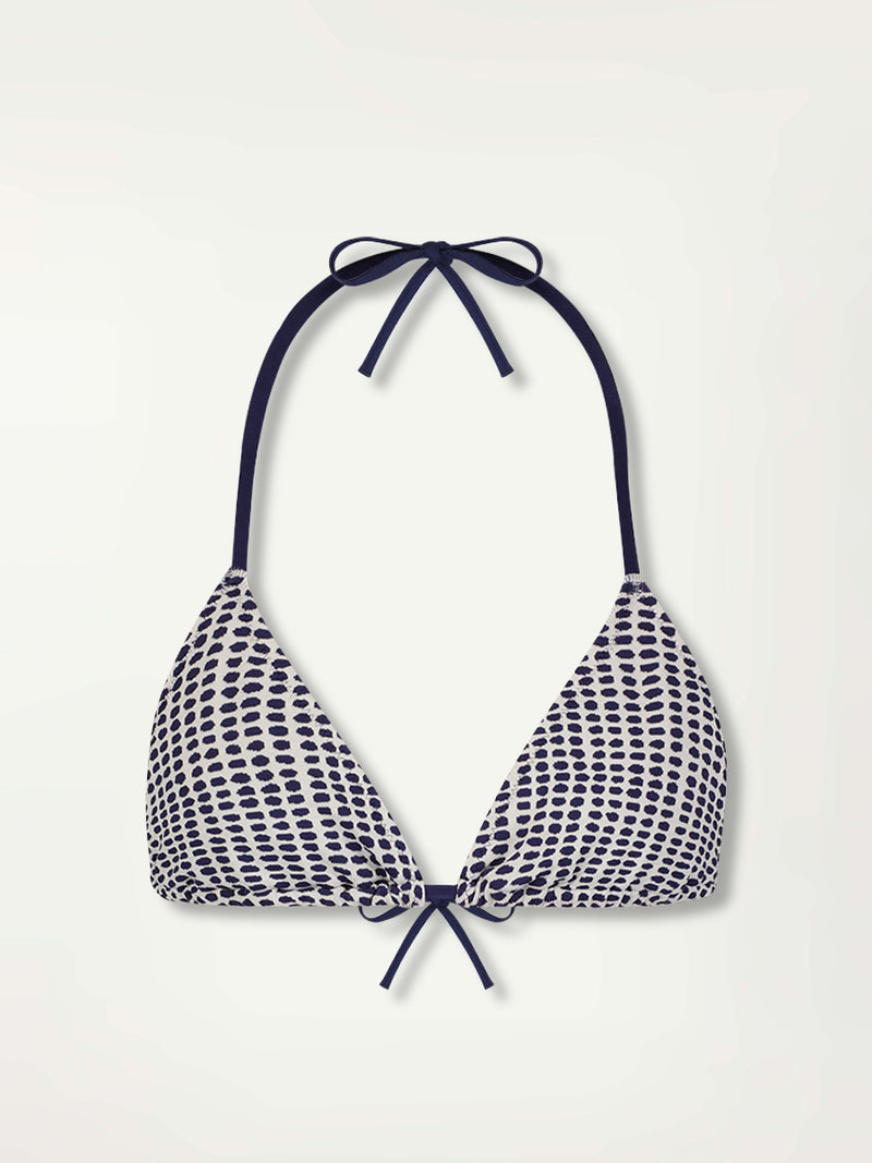 Product Front Shot of the Malia Triangle Top Bikini Top Featuring Blue Dotted Pattern
