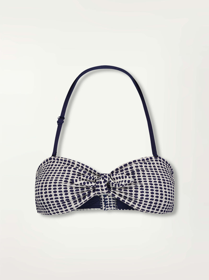 Product Front Shot of the AVA Bandeau Bikini Top  Featuring Blue Dotted Pattern