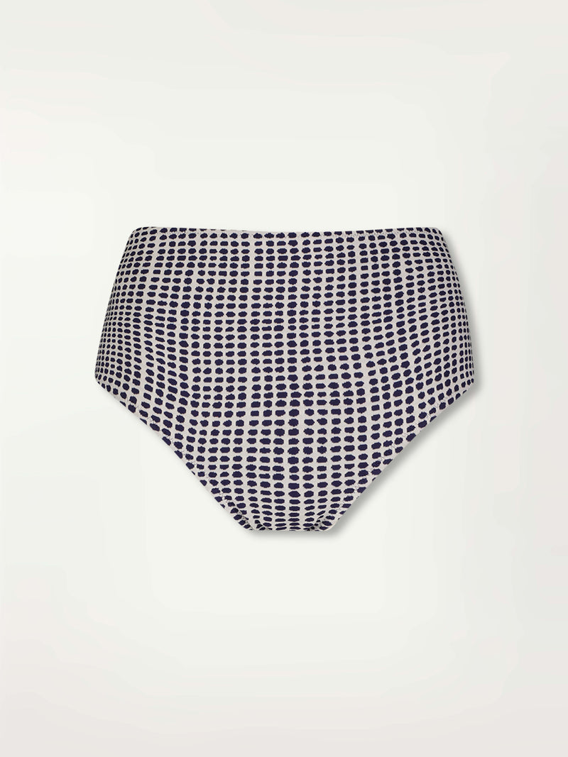Product Front Shot of the Elsi High Waist Bikini Bottom Featuring Blue Dotted Pattern