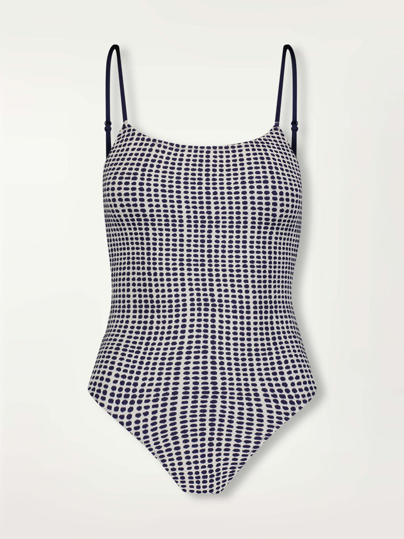 Product Front Shot of the Elene One Piece Swimsuit Featuring Blue Dotted Pattern