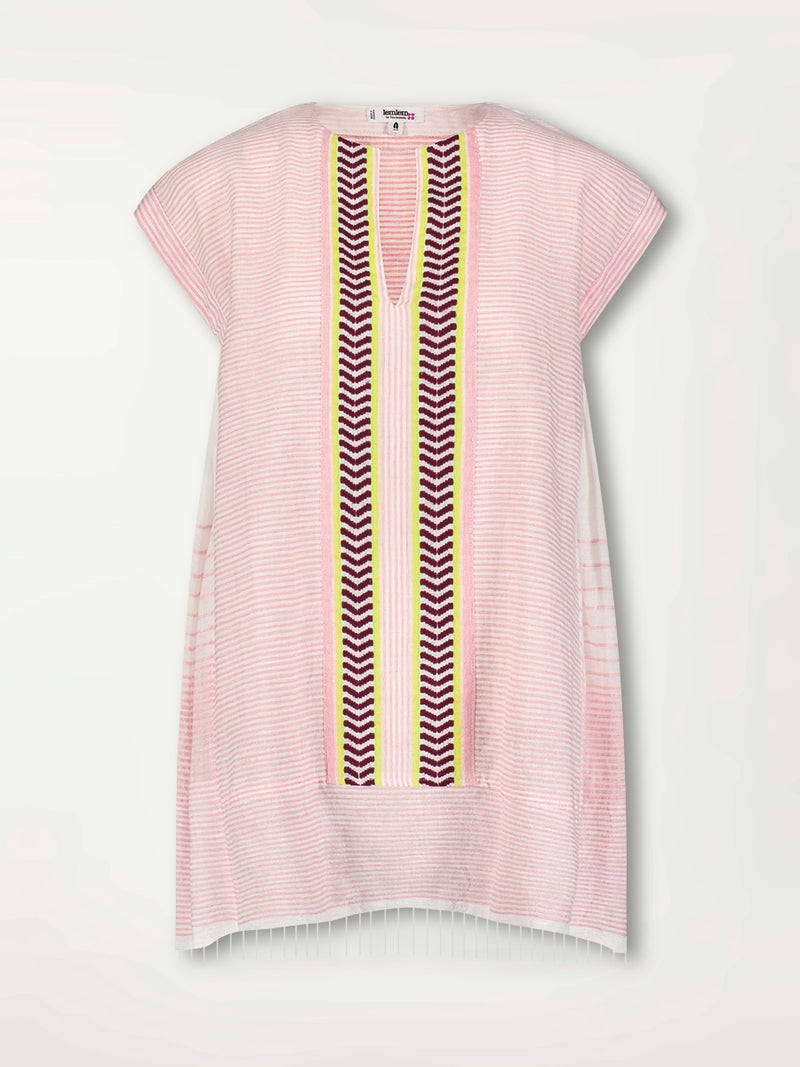 Product Front Image of Elina Caftan Dress featuring delicate pink stripes with a bold chevron patterned ribbon, along with muted hues of pink, burgundy, and a bright citrus-orange hue.