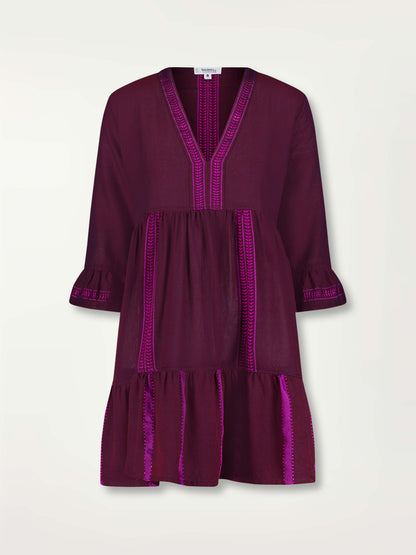 Product Front Shot of Hanna Flutter Dress featuring rich, luxurious burgundy tones with hints of magenta.