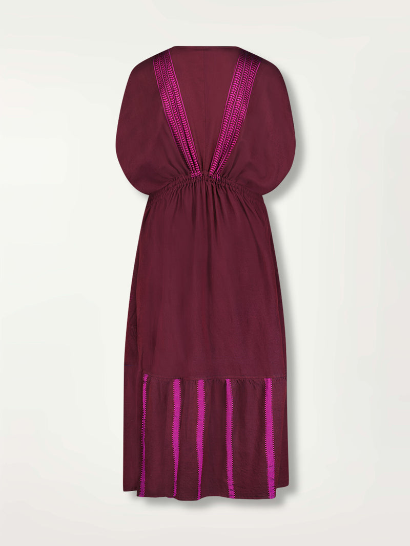 Product Back Shot of Leila Plunge Dress featuring rich, luxurious burgundy tones with hints of magenta.