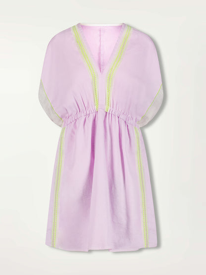 Product Front Shot of a Alem Plunge Dress Featuring lilac orchid color complemented by hints of citron neon.