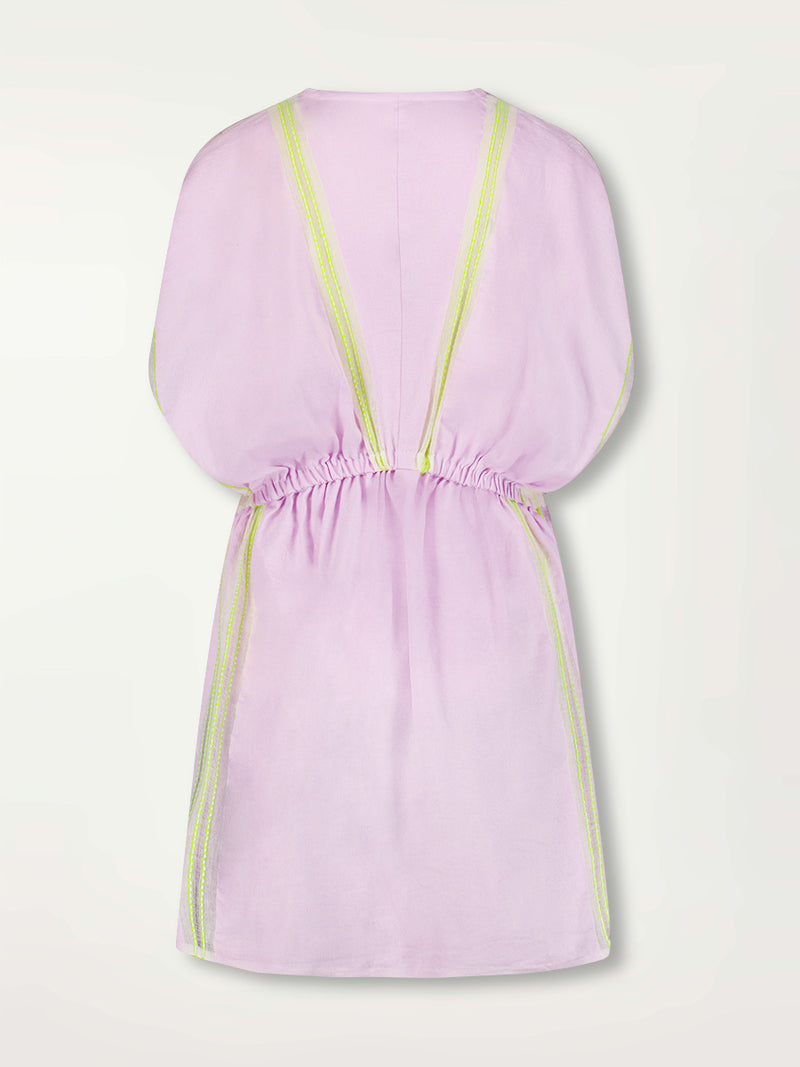 Product Back Shot of a Alem Plunge Dress Featuring lilac orchid color complemented by hints of citron neon.