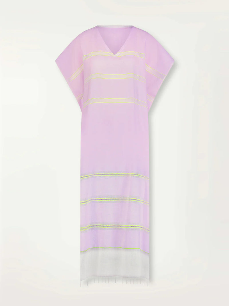 Product Front Shot of Dalila V Neck Caftan Featuring lilac orchid color complemented by hints of citron neon.