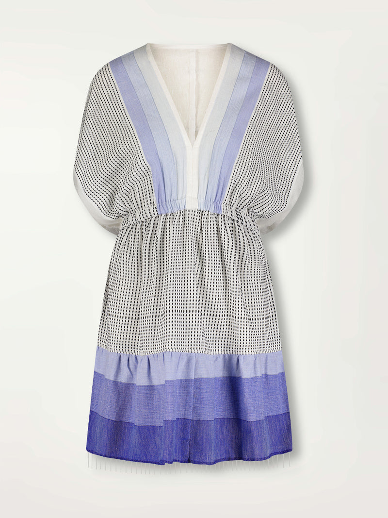 Product Front Shot of Alem Plunge Dress Featuring textural dot pattern that contrasts the asymmetrical color-blocking of denim blues.