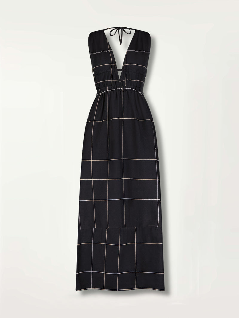 Product Front Shot of the Lelisa V Neck Maxi Dress featuring Big White Plaid Patten on Black Cotton Background