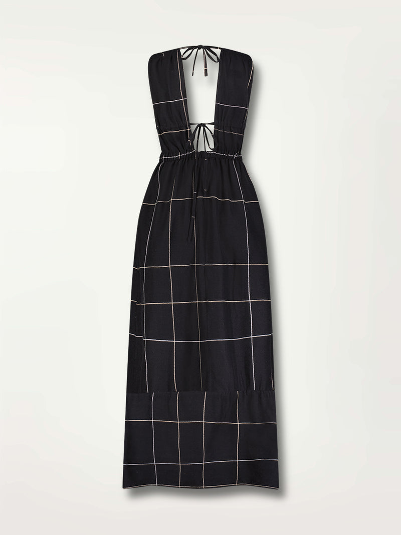 Product Back Shot of the Lelisa V Neck Maxi Dress featuring Big White Plaid Patten on Black Cotton Background