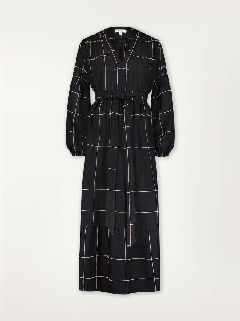 Product Front Shot of the Elsabet Belted Maxi Dress featuring Big White Plaid Patten on Black Cotton Background