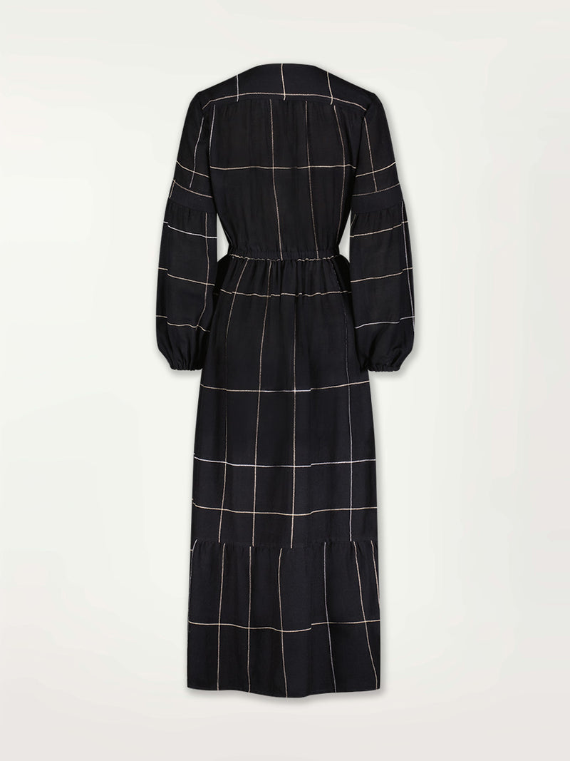 Product Back Shot of the Elsabet Belted Maxi Dress featuring Big White Plaid Patten on Black Cotton Background
