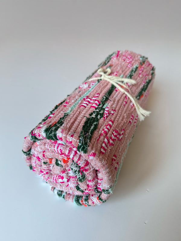 Product shot of lemlem upcycled handwoven MESFIN Rug with multicolored patterns