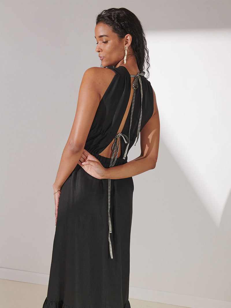 Back View of a Woman Standing Wearing lemlem Lelisa V Neck Dress in Black Color