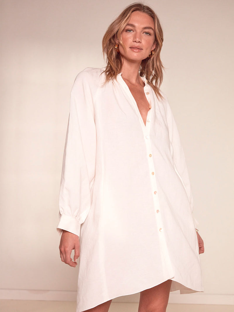 Woman Standing Wearing lemlem Meaza Button Up Dress in White color