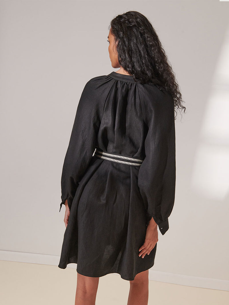 Back View of a Woman Standing Wearing lemlem Meaza Button Up dress in Black Color