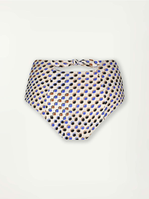 Product Back Shot of lemlem Elsi High Waist Bottom featuring diamond pattern in natural terracotta and rich blue hues against a cream background