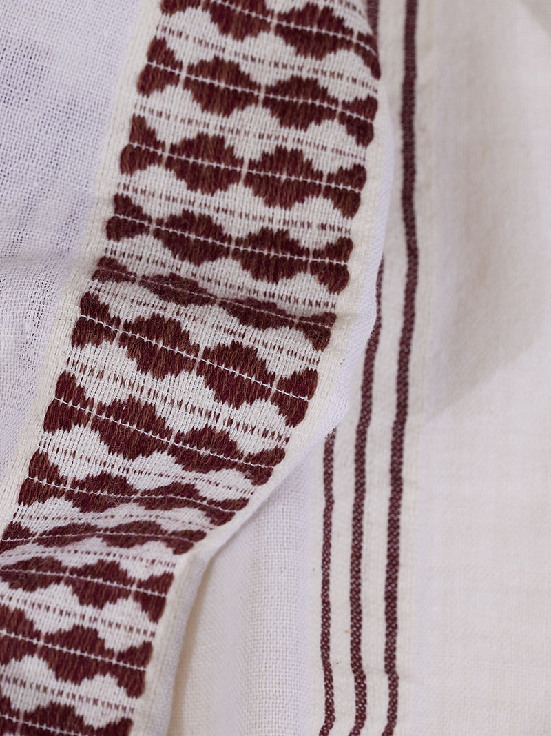 Close up on the fabric of the Tigist Swing Dress featuring earthy brown tibeb diamond design bands on a white background.  