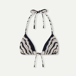 A halter triangle bikini top with a black and white zebra-stripe pattern, featuring tie straps at the neckline and a front center tie, shown against a light off-white background.