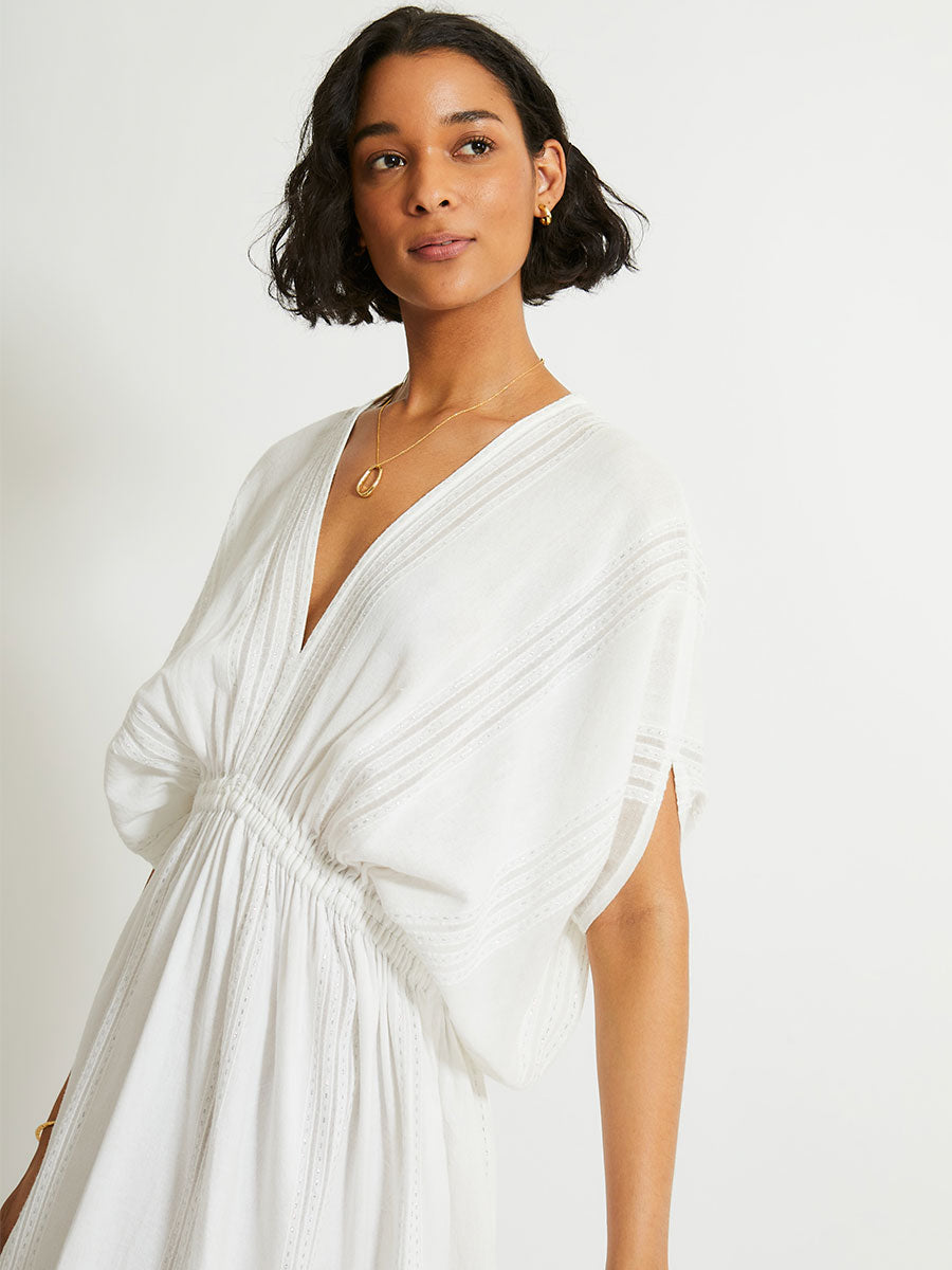 Lemlem Abira Empire Waist Tiered Cotton Cover-Up Maxi Dress in White