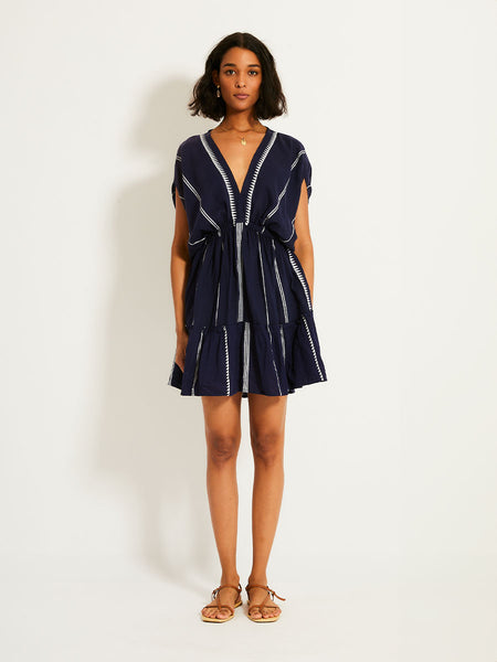 lemlem Women's ALEM Hand woven Short Plunge V Neck Dress in Nunu Navy