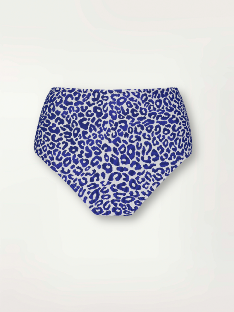 Product front shot of lemlem ELSI High Waist Bottom featuring blue leopard print  on a white background