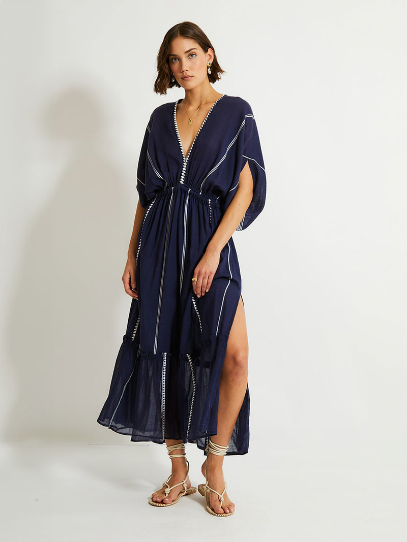lemlem Women's LEILA Hand Woven Long Plunge Neck Dress in Nunu Navy lemlem Women's LEILA Hand Woven Long Plunge Neck Dress in Nunu Navy