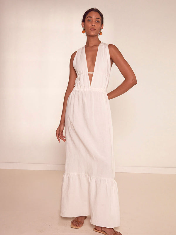 Woman Standing Wearing lemlem Lelisa V Neck Dress in white color