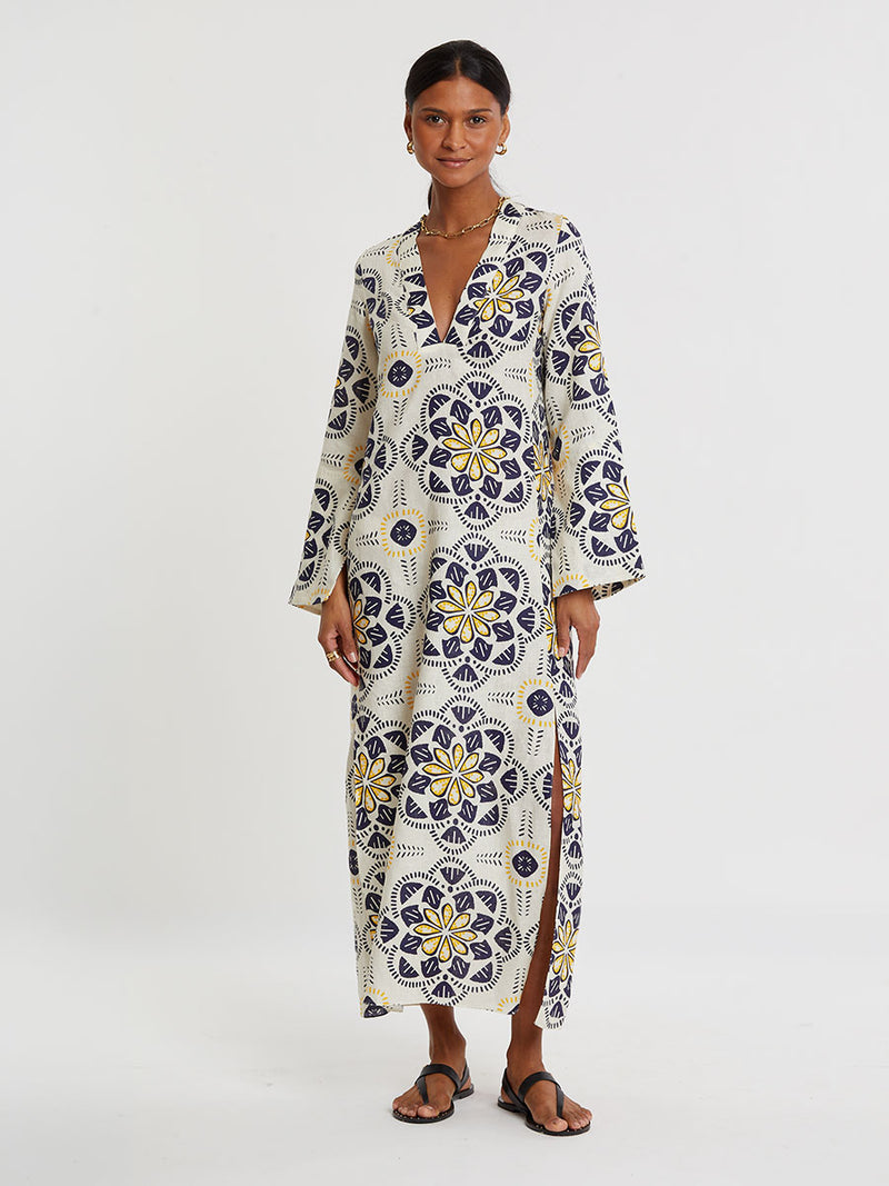 linen column dress TWP Women's Shirred Column Dress in Linen Viscose - Ivory