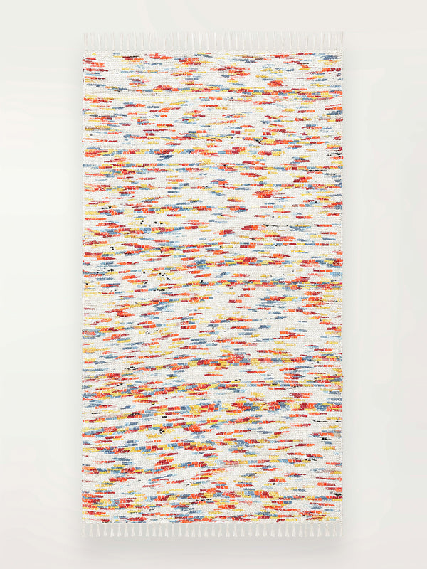 Product shot of lemlem upcycled handwoven MESFIN Rug with multicolored patterns