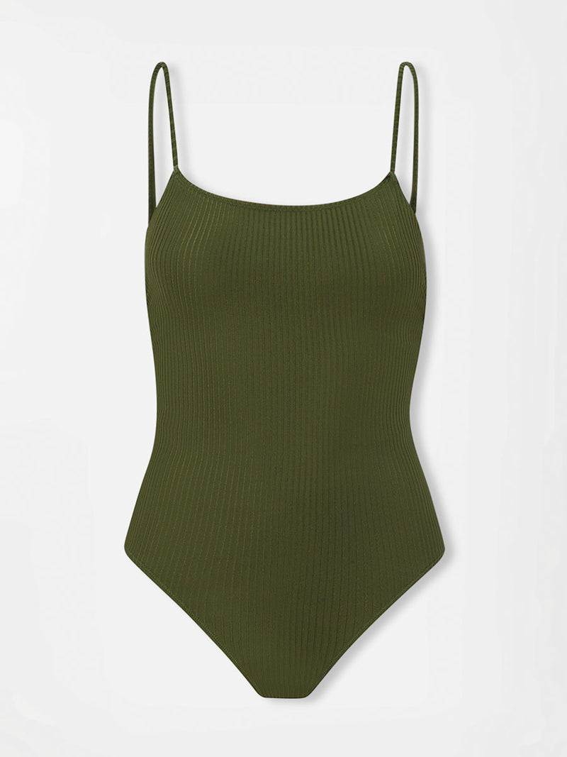 Product shot of lemlem ELENE Classic One Piece  featuring a rich olive green color and a soft, silky ribbed texture fabric