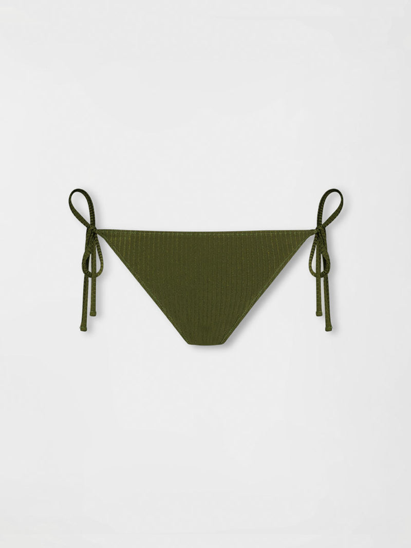 Product shot of lemlem REKKA Bikini Bottom featuring a rich olive green color and a soft, silky ribbed texture fabric