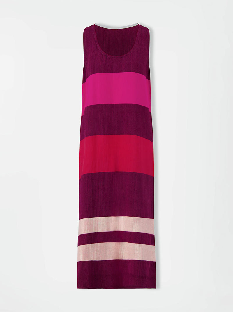 Product shot of lemlem LILIAN Tank Dress featuring a striking color-block combination of vivid magenta, scarlet, and burgundy colors.