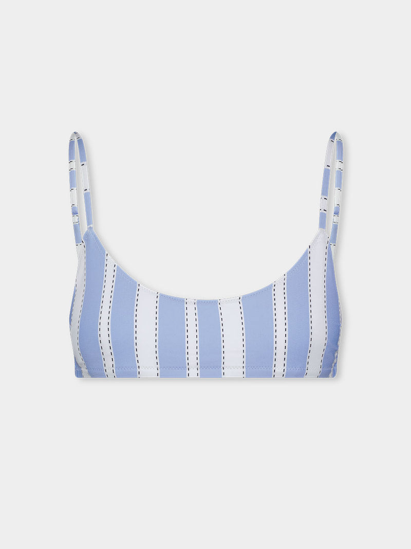 Product Front shot of lemlem  ASHA Scoop Top featuring bold, crisp white stripes on a sky-blue background, accented with black detailing.